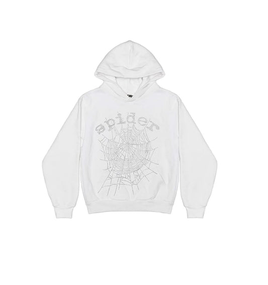 Sp5der OG Rhinestone Logo Hoodie White